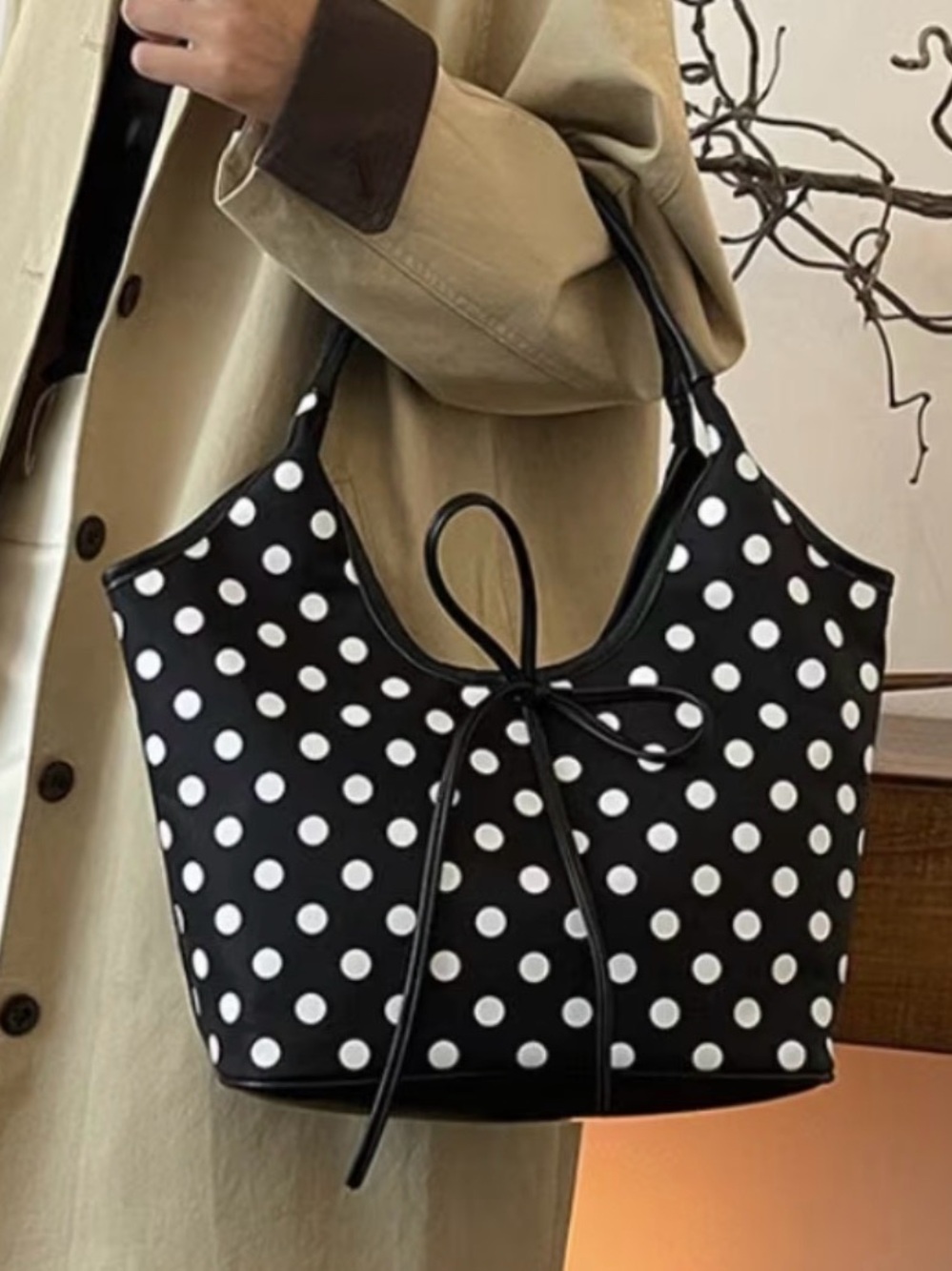 Polka Dot Bow-Accent Black Tote Bag